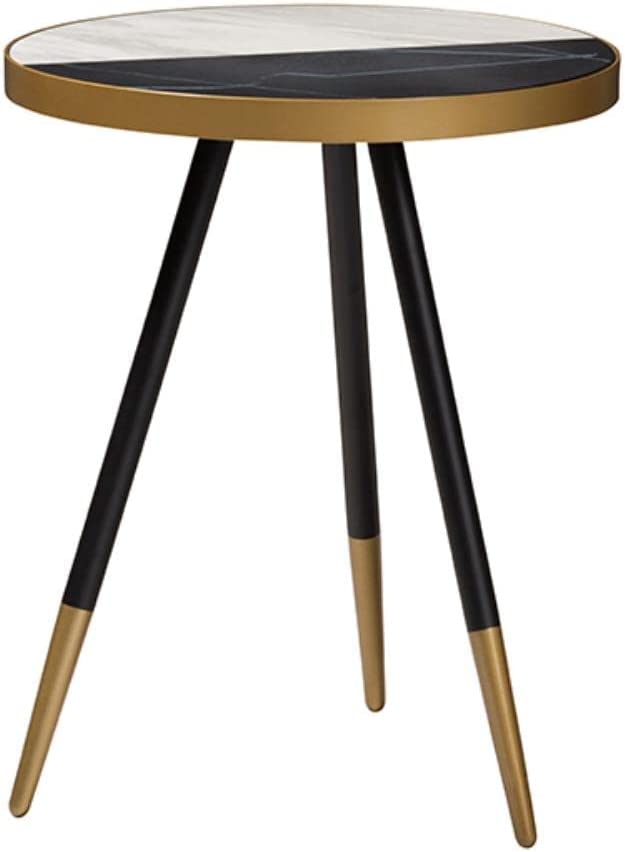 Baxton Studio Lauro Modern and Contemporary Round Glossy Marble and Metal End Table with Two-Tone Black and Gold Legs