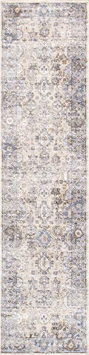 Pasargad Home Fantasia Oriental Area Rug - Luxury Power Loom, Living Room, Bedroom Runner- 2' 6" X 10' 0", Beige/Blue