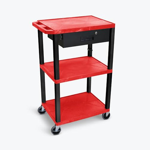 42 in.H 3-Shelf Utility Cart - Electric Drawer Red Shelves Black Legs - Red