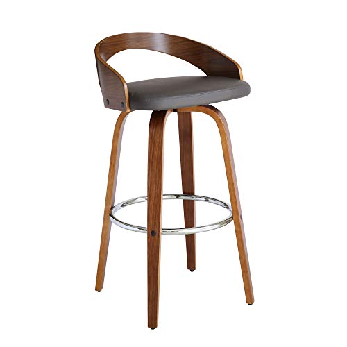 Sonia 30 Inches Bar Height Barstool in Walnut Wood Finish with Gray Faux Leather