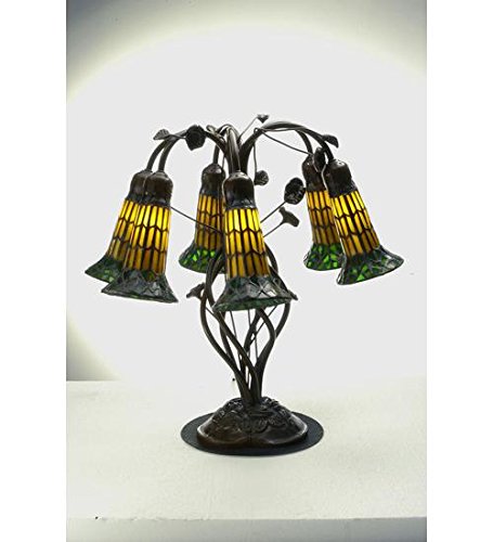 19Inch High Stained Glass Pond Lily Amber and Green 6 Light Table Lamp
