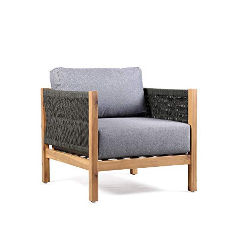 Sienna Outdoor Patio Lounge Chair in Acacia Wood with Teak Finish and Gray Fabric