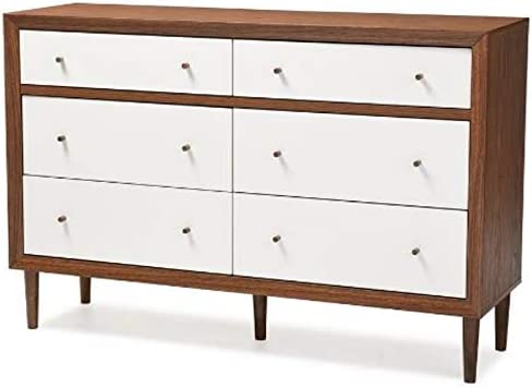 Baxton Furniture Studios Harlow Mid-Century Wood 6 Drawer Storage Dresser, Medium, White and Walnut