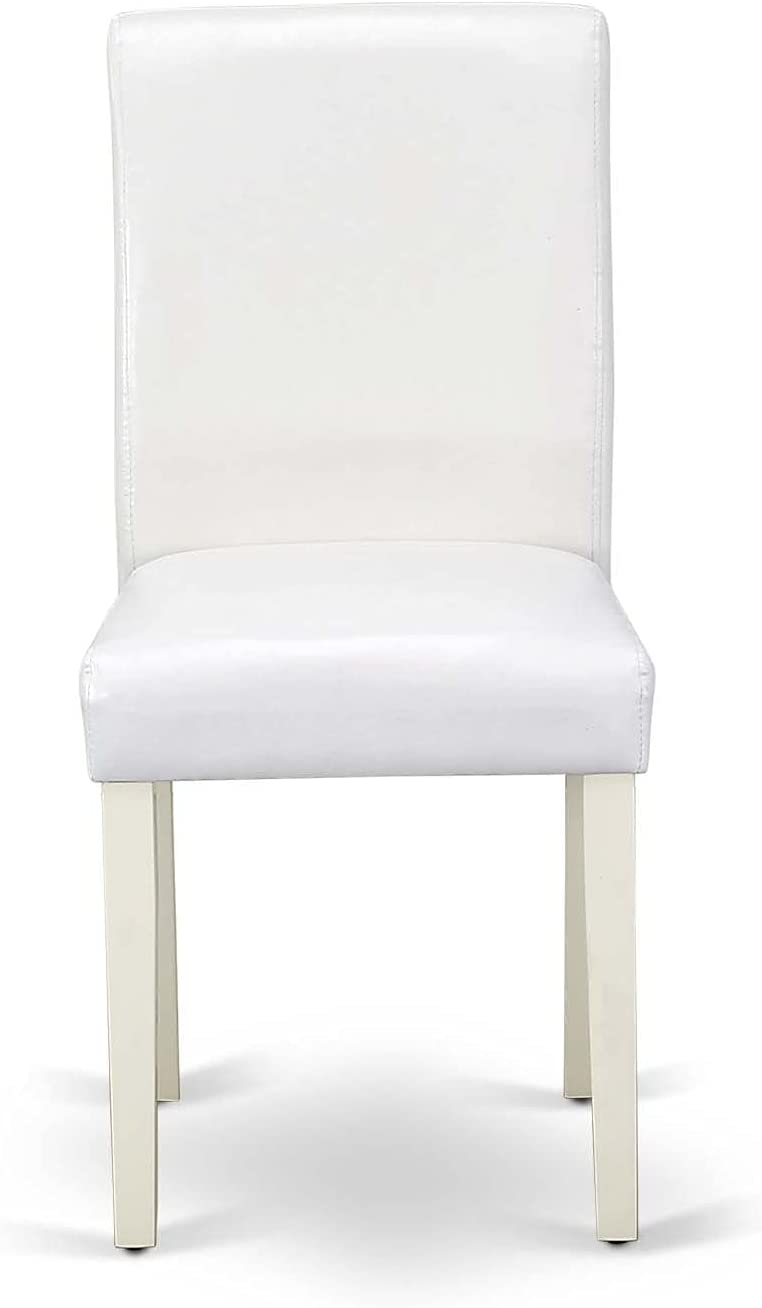 East West Furniture 3Pc Rounded 36 Inch Dinette Table and Two Parson Chair with Linen Leg and Pu Leather Color White