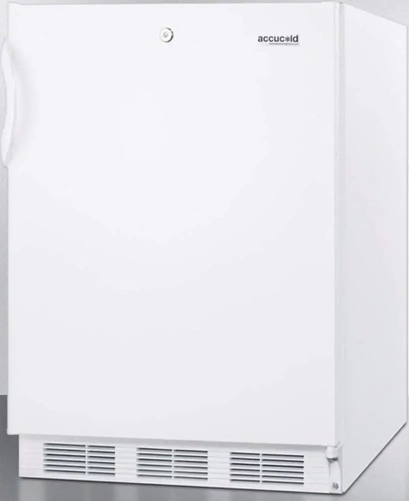 AccuCold FF6LWBI7ADA 24 Compact Refrigerator with 5.5 cu. ft. Capacity Reversible Hinge Door Storage Adjustable Shelves Commercially Approved Factory-Installed Lock ADA Compliant Automatic Defrost Adjustable Dial Thermostat One Piece Interior Lin