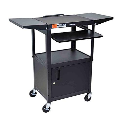 Adjustable-Height Steel AV Cart - Pullout Keyboard Tray Cabinet Drop Leaf - Black