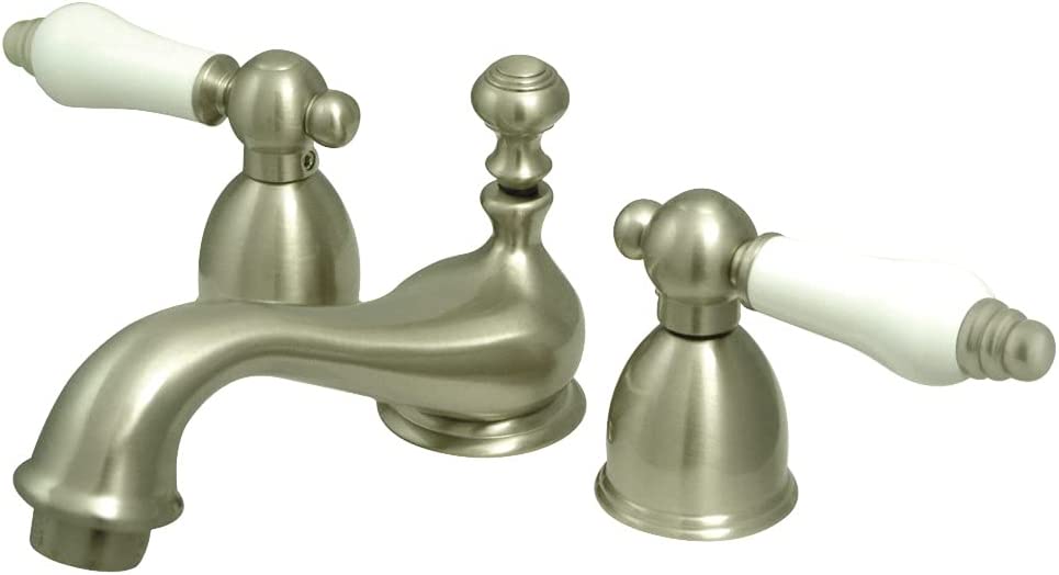 Kingston Brass KS3958PL Restoration Mini Widespread Lavatory Faucet with Porcelain Lever Handle, Brushed Nickel