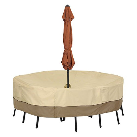 Classic Accessories Veranda Water-Resistant 94 Inch Round Patio Table &amp; Chair Set Cover with Umbrella Hole, Outdoor Table Cover