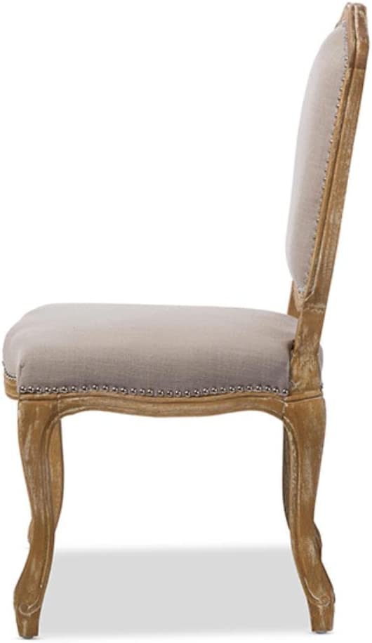 Baxton Studio Chateauneuf French Vintage Cottage Weathered Oak Linen Upholstered Dining Side Chair, Medium, Beige