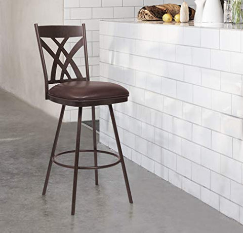 Armen Living Dover Tahiti 26&#34; Faux Leather Swivel Kitchen Barstool in Auburn Bay Finish, Ford Brown