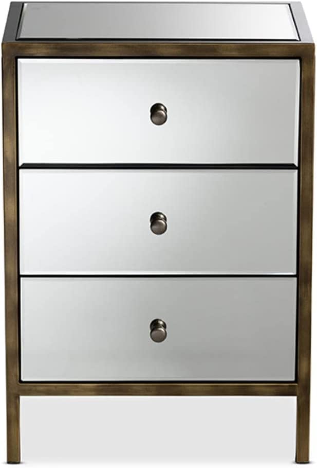 Baxton Studio Nouria Modern and Contemporary Hollywood Regency Glamour Style Mirrored 3-Drawer Nightstand Bedside Table