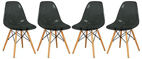 LeisureMod Dover Plastic Molded Dining Side Chair with Wood Dowel Legs, Set of 4 (Transparent Red)