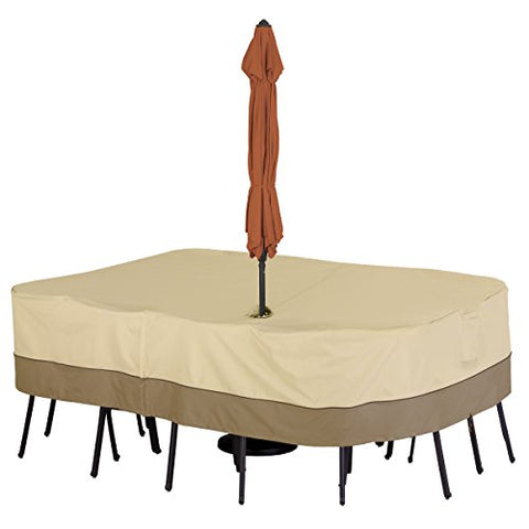Classic Accessories Veranda Water-Resistant 88 Inch Rectangular/Oval Patio Table &amp; Chair Set Cover with Umbrella Hole, Outdoor Table Cover