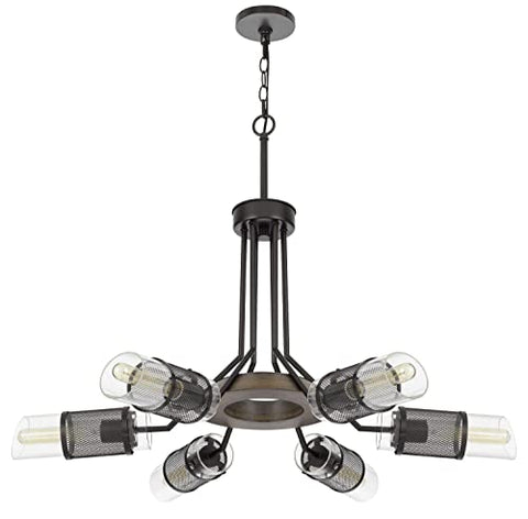 60W x 6 Savona pine wood/metal chandelier with double layer glass/metal mesh shade. (Edison bulbs NOT included)