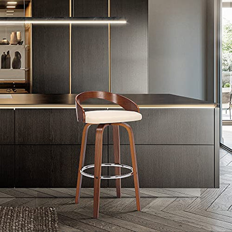 Sonia 30 Swivel Bar Stool in Walnut Wood Finish and Cream Faux Leather Upholstery
