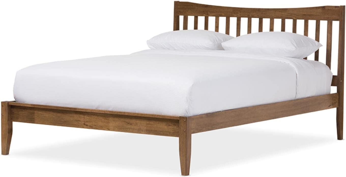 Baxton Studio Edeline Mid-Century Modern Solid Walnut Wood Curvaceous Slatted King Size Platform Bed