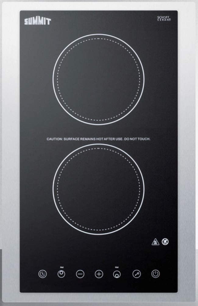 Summit Appliance CR2B15T1BTK15 115V 2-Burner Radiant Cooktop in Black Ceramic Schott Glass Surface with Digital Touch Controls &amp; Stainless Steel Frame to Allow Installation in 15&#34; Wide Counter Cutouts