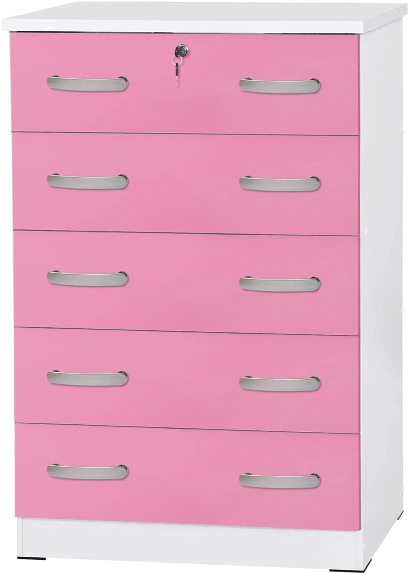 Better Home Products Cindy 5 Drawer Chest Wooden Dresser with Lock in Pink