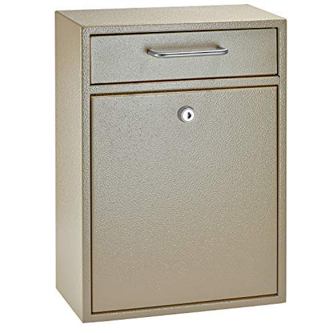 Mail Boss 7427 High Security Steel Wall-Mounted Locking Mailbox, (Office Drop, Comment, Letter, Deposit Box), Black with Wood Grain Powder Coat