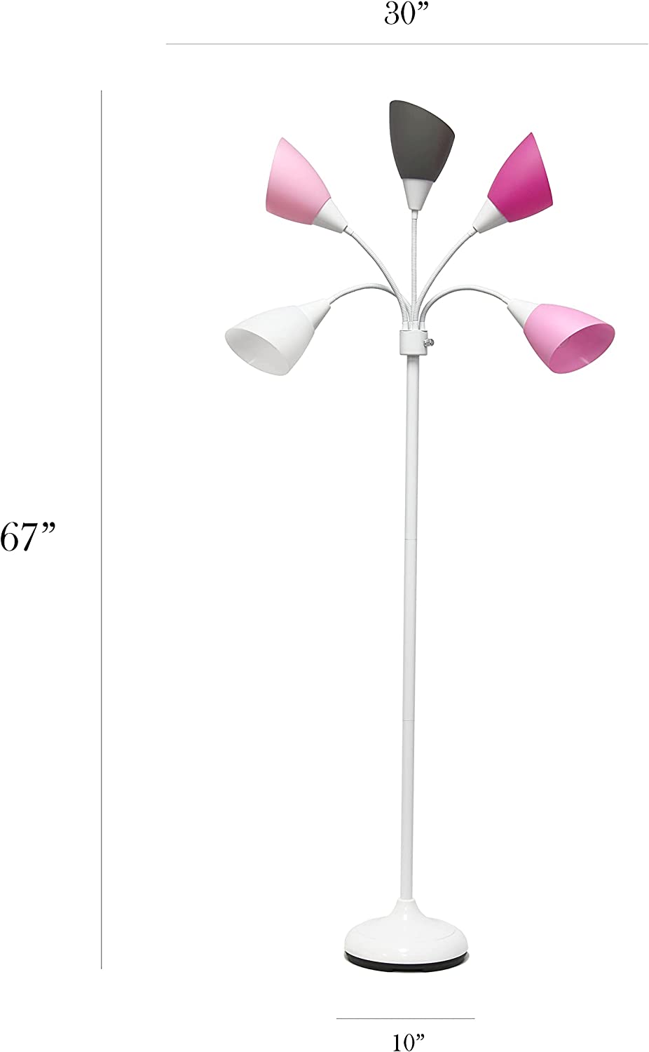 Simple Designs LF2006-WPG 67" Contemporary Multi Head Medusa 5 Light Adjustable Gooseneck White Floor Lamp with Pink, White, Gray Shades for Kids Bedroom Playroom Living Room Office