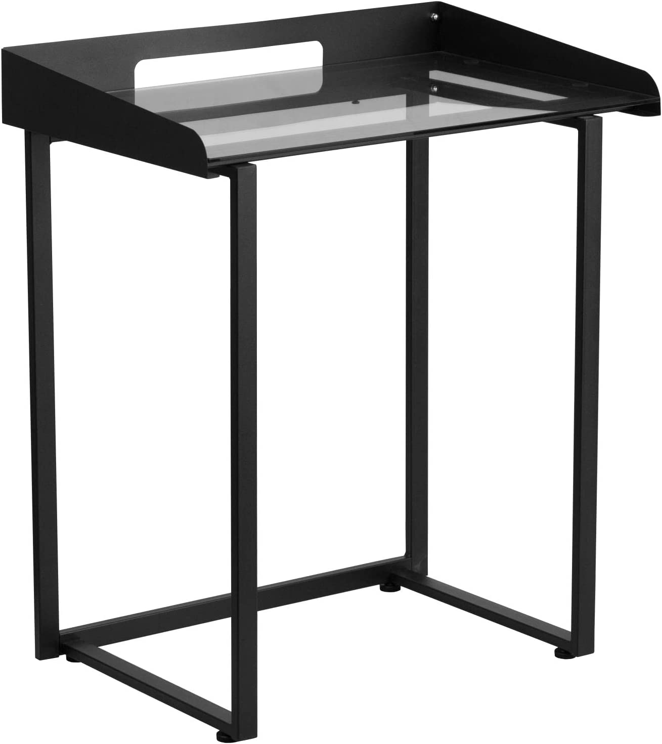Flash Furniture Contemporary Clear Tempered Glass Desk with Raised - Management Border and Black Metal Frame