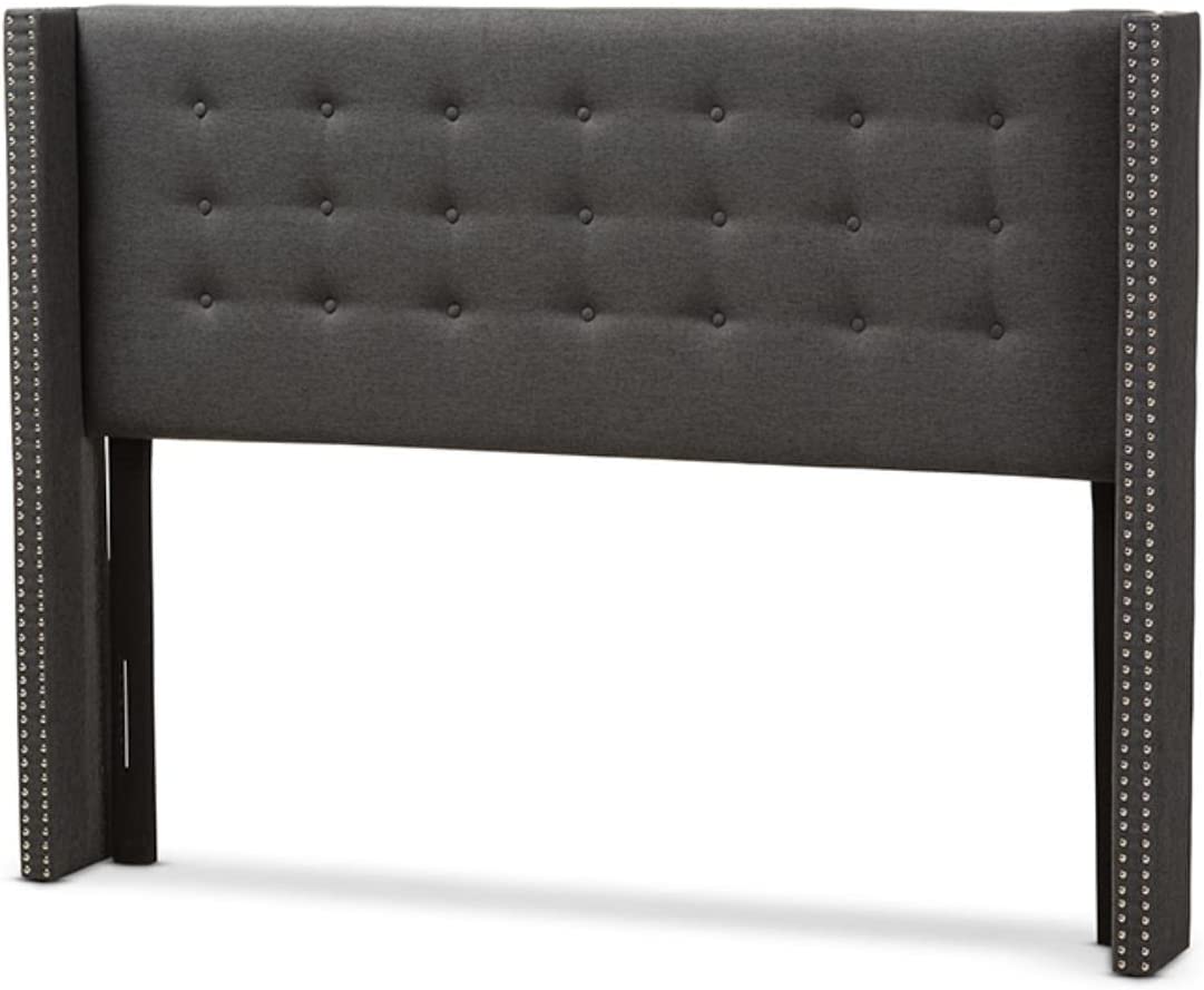 Baxton Studio Ginaro Modern and Contemporary Dark Grey Fabric Button-Tufted Nail Head Queen Size Winged Headboard Contemporary/Dark Grey/Fabric Polyester 100%&#34;/LVL/MDF/Foam/