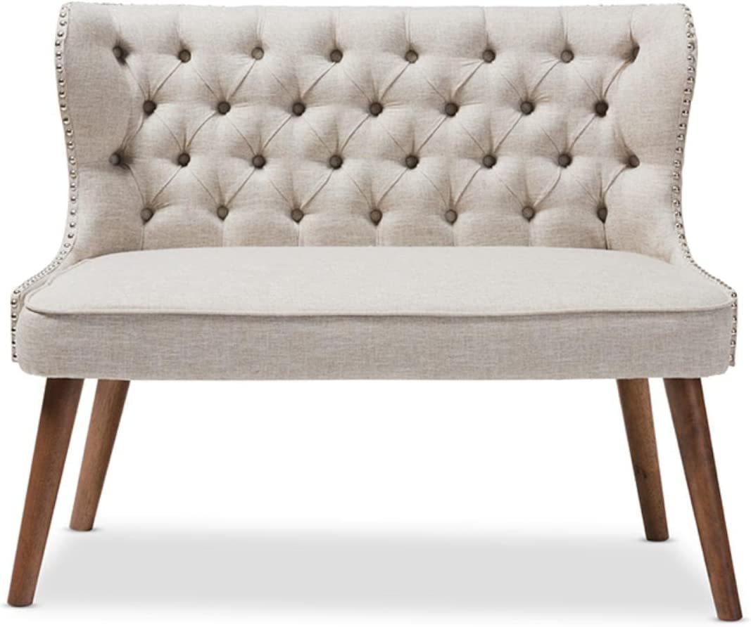 Baxton Studio Scarlett Mid-Century Modern Brown Wood and Light Beige Fabric Upholstered Button-Tufting with Nail Heads Trim 2-Seater Loveseat Settee