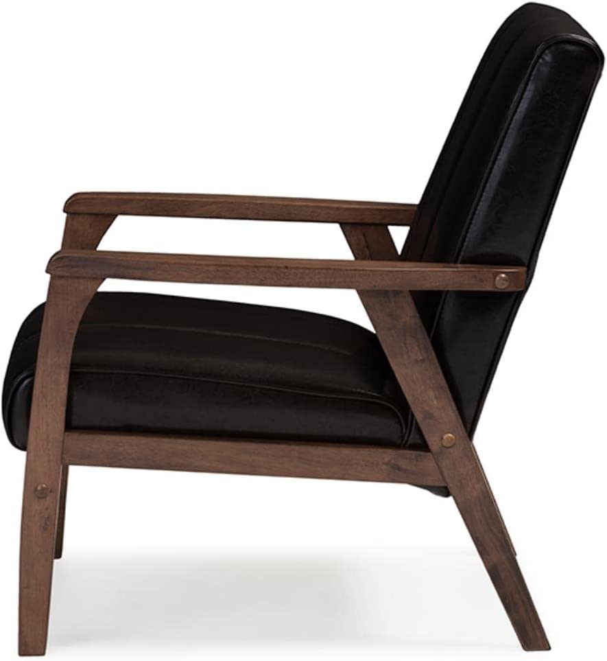 Baxton Furniture Studios Nikko Mid-Century Modern Scandinavian Style Faux Leather Wooden Lounge Chair, Medium, Dark Brown