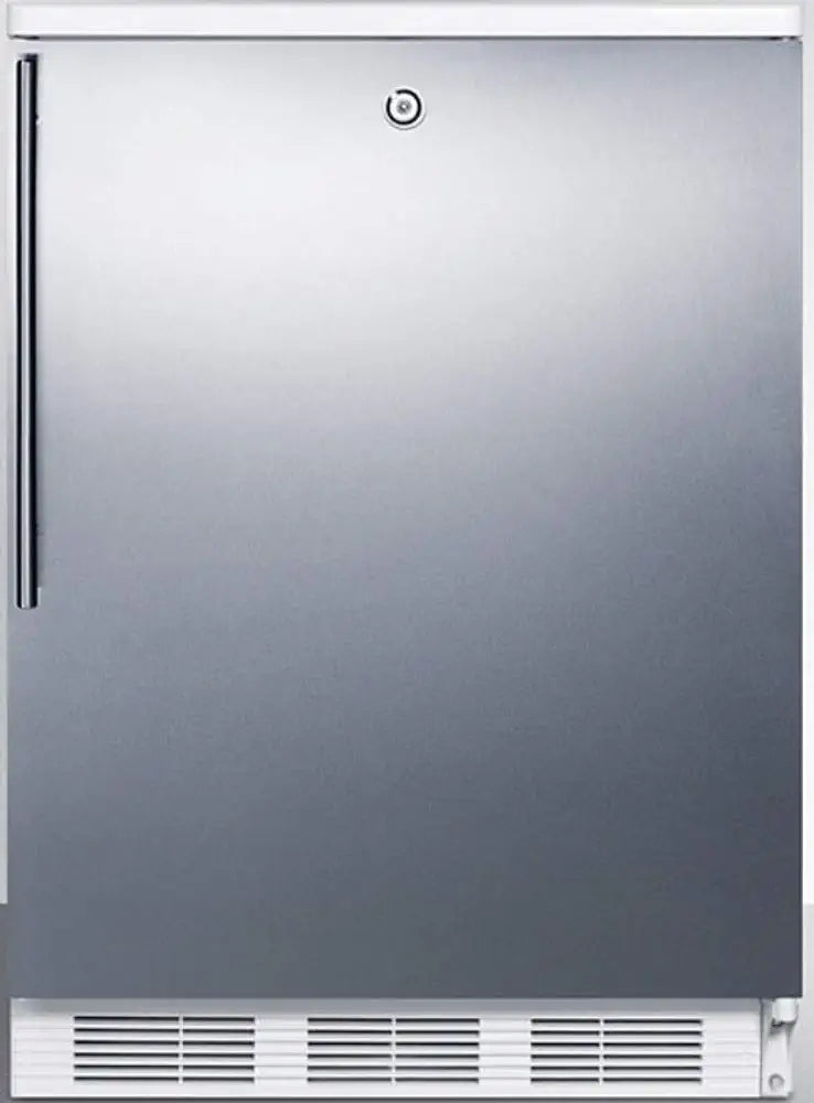 AccuCold FF6LW7SSHV 24 Compact Refrigerator with 5.5 cu. ft. Capacity Factory Installed Lock Commercially Approved Professional Stainless Steel Handle Crisper Drawer Door Shelves Interior Light in Stainless Steel