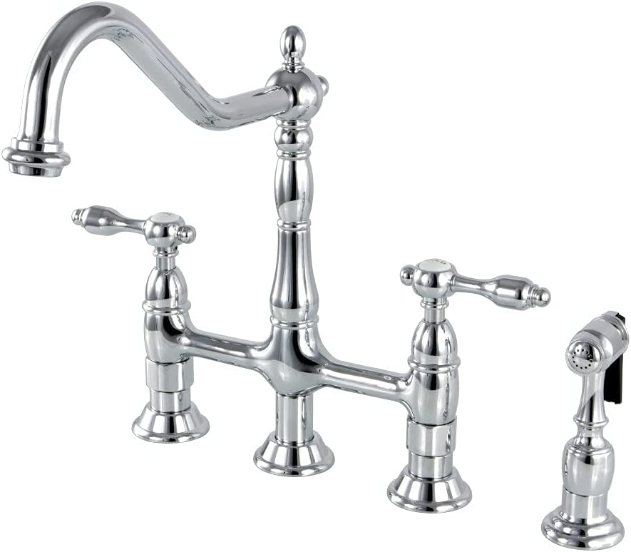 Kingston Brass KS1271TALBS Tudor 8 Inch Center Kitchen Faucet With Brass Sprayer, Polished Chrome, 8-3/4 inch in Spout Reach, Polished Chrome