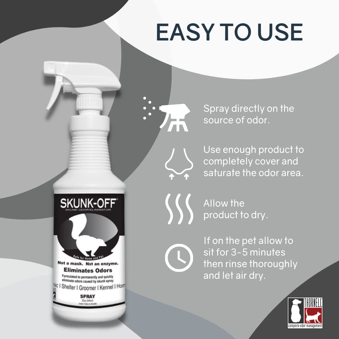 Skunk Off Ã¢â‚¬â€œ Ready to use Skunk Odor Remover for Dogs, Cats, Carpet, Car, Clothes &amp; More Ã¢â‚¬â€œ Non-Enzymatic Formula