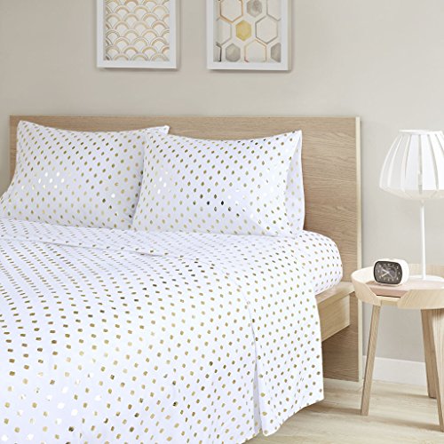 Intelligent Design Microfiber Wrinkle Resistant, Soft Sheets with 12" Pocket Modern, All Season, Cozy Bedding-Set, Matching Pillow Case, Queen, Metallic Dot White/Gold