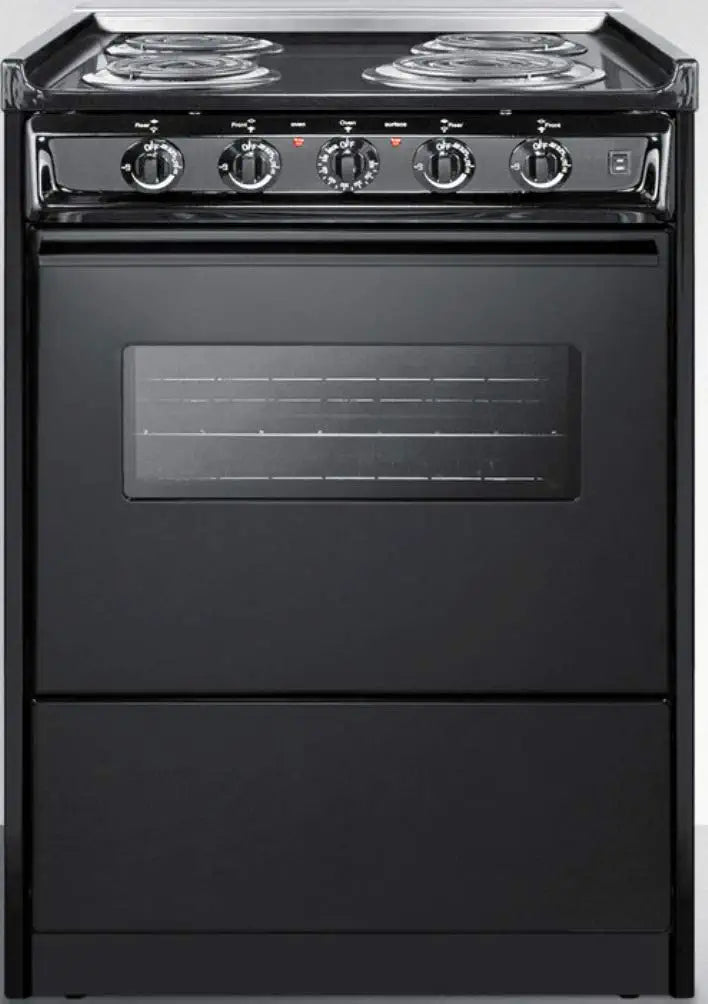 Summit Appliance TEM610CRW 24&#34; Wide Slide-in Electric Range in Black with Oven Window, Light, Lower Storage Compartment, Broiler Pan, Chrome Drip Pans, Recessed Oven Door, Push-to-turn Burner Knobs