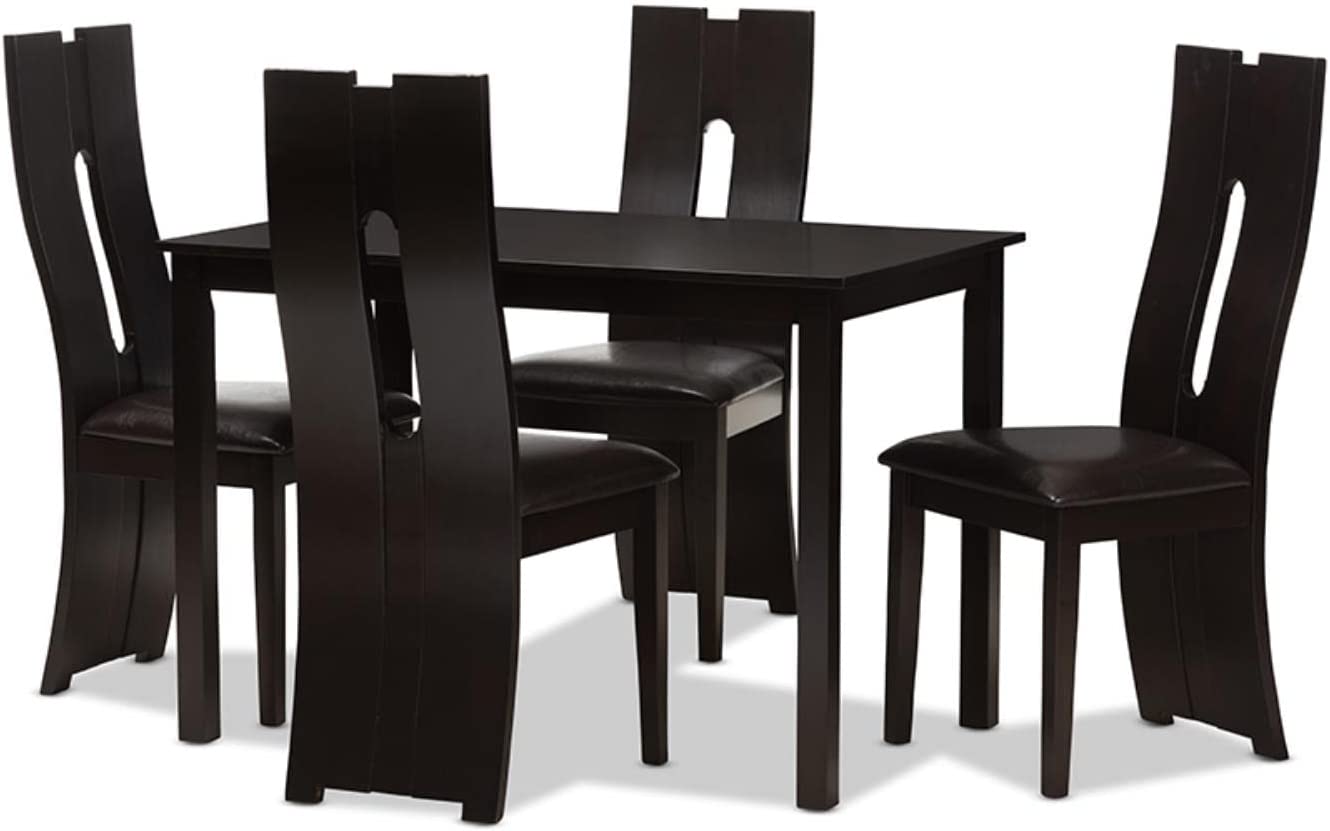 Baxton Studio Alani Modern and Contemporary Dark Brown Faux Leather Upholstered 5-Piece Dining Set Brown//Medium Wood/Contemporary/Table/Faux Leather/Solid Rubber Wood/Foam