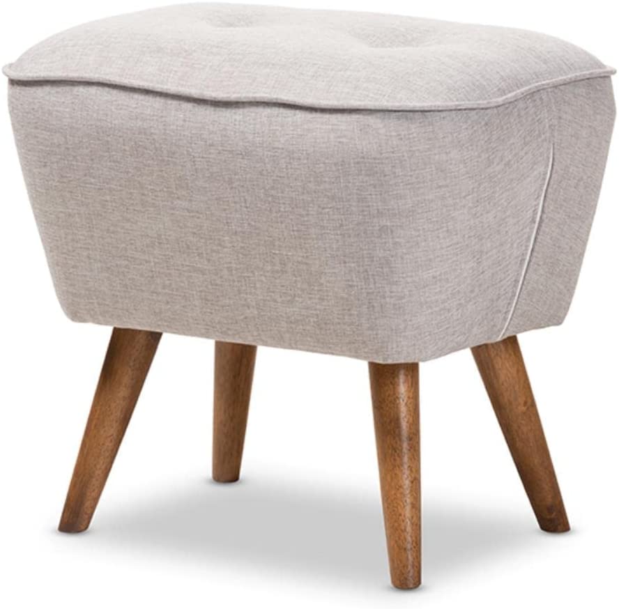 Baxton Studio Petronelle Mid-Century Modern Greyish Beige Fabric Upholstered Walnut Brown Finished Wood Ottoman