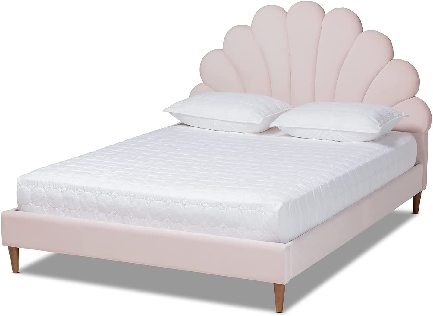 Wholesale Interiors Baxton Studio Odille Modern Glam Light Pink Velvet Upholstered Walnut Brown Finished Wood Queen Size Seashell Shaped Platform Bed