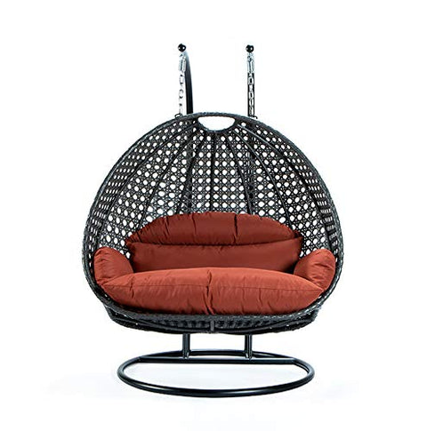 LeisureMod 2 Person Hanging Double Swing Chair, X-Large Wicker Rattan Egg Chair with Stand and Cushion for Indoor Outdoor Patio Garden (Red)