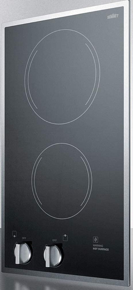 Summit Appliance CR2B22ST Two-Burner 230V Radiant Cooktop with Smooth Black Ceramic Glass Surface, Residual Heat Indicator Light, Push-to-turn Controls and Stainless Steel Trim