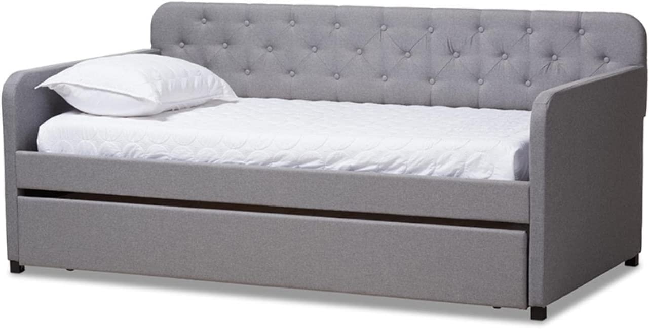 Baxton Studio Camelia Modern and Contemporary Grey Fabric Upholstered Button-Tufted Twin Size Sofa Daybed with Roll-Out Trundle Guest Bed