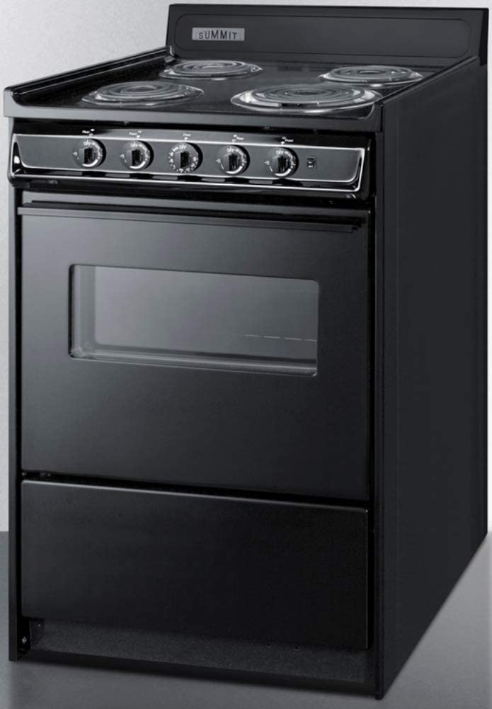 Summit Appliance TEM610CW 24&#34; Wide Range in Black with Oven Window, Interior Light, Lower Storage Compartment, Broiler Tray, Chrome Drip Pans, Recessed Oven Door, Push-to-turn Burner Knobs