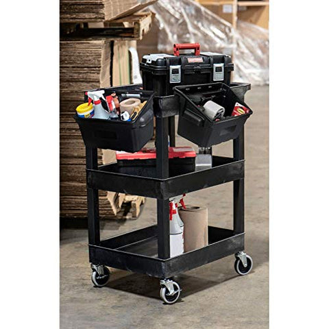 24 in. x 18 in. Plastic Utility Tub Cart - Three Shelves with Outrigger Utility Cart Bins - Black