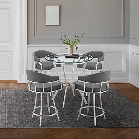 Armen Living Naomi and Valerie 5-Piece Counter Height Dining Set in Brushed Stainless Steel and Grey Faux Leather
