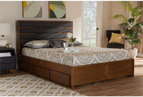 Baxton Studio Elin Modern and Contemporary Dark Grey Fabric Upholstered Walnut Finished Wood Queen Size Platform Storage Bed with Six Drawers