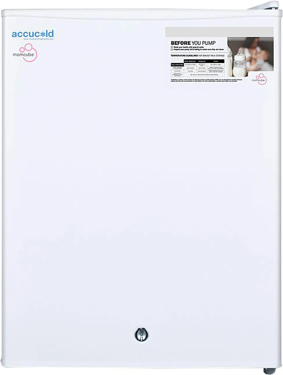 AccuCold FSLMC 19 MOMCUBE Countertop Breast Milk Freezer with 1.8 cu. ft. Capacity Manual Defrost Factory Installed Lock and Reversible Door in White