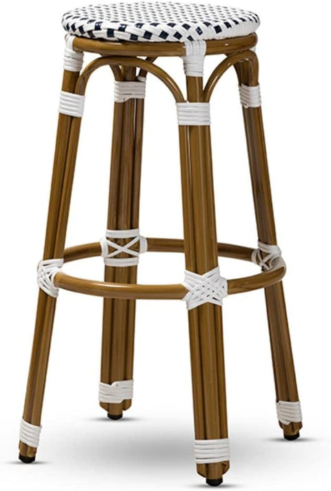 Baxton Studio Joelle Classic French Indoor and Outdoor Navy and White Bamboo Style Stackable Bistro Bar Stool