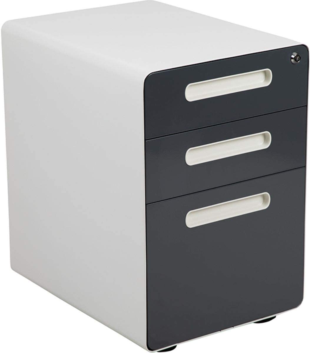 Wren Ergonomic 3-Drawer Mobile Locking Filing Cabinet with Anti-Tilt Mechanism & Letter/Legal Drawer, White with Charcoal Faceplate