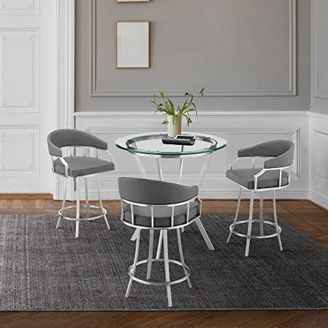 Armen Living Naomi and Valerie 4-Piece Counter Height Dining Set in Brushed Stainless Steel and Grey Faux Leather