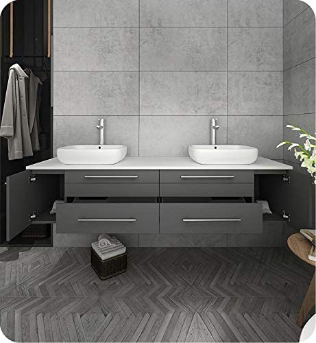 Fresca Lucera 72" Gray Wall Hung Modern Bathroom Cabinet w/Top & Double Vessel Sinks
