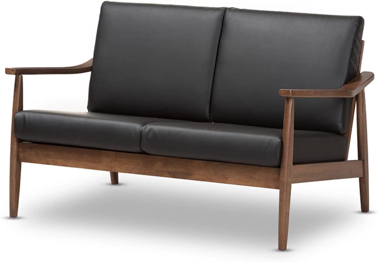 Baxton Studio Venza Mid-Century Modern Walnut Wood Black Faux Leather 2-Seater Loveseat Mid-Century/Black/Walnut Brown/Faux Leather/Rubber Wood/