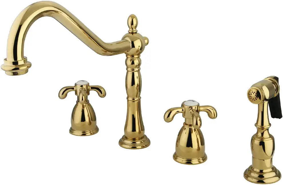 Kingston Brass KB1792TXBS French Country Widespread Kitchen Faucet with Brass Sprayer, Polished Brass